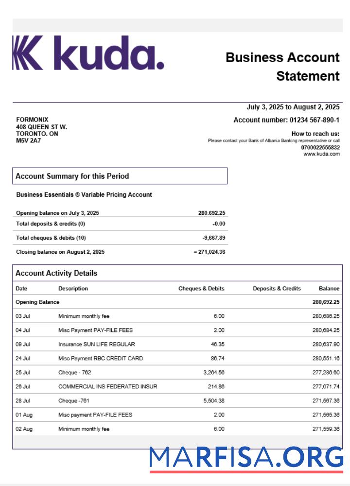 Realistic United Kingdom Kuda enterprise account statement Word and PDF template